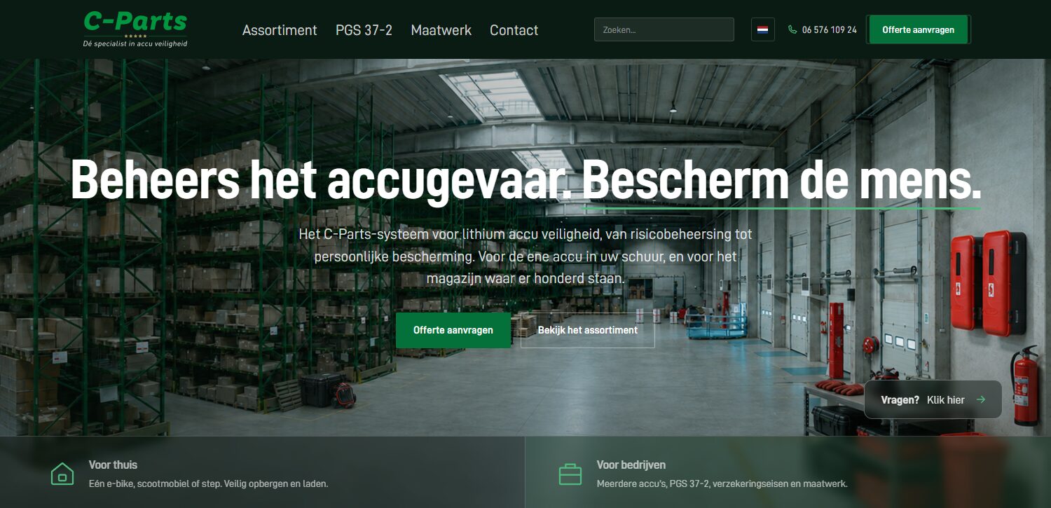 Homepage van de website van C-Parts
