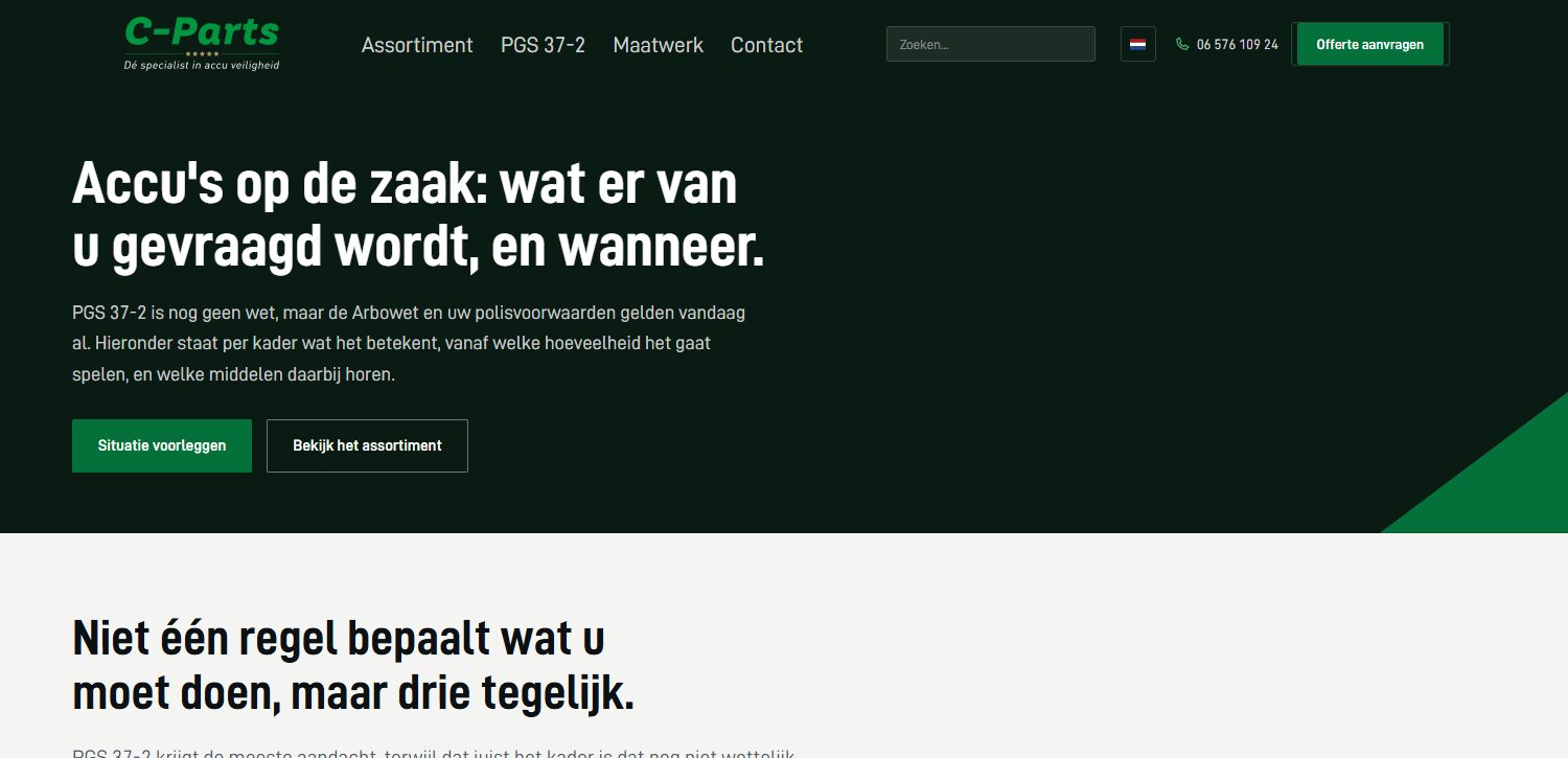 Pagina voor bedrijven over accuopslag en PGS 37-2 op de website van C-Parts