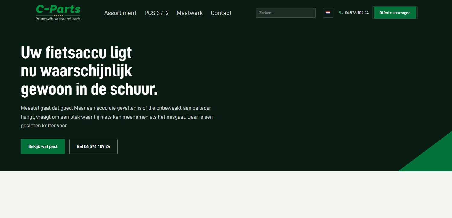 Pagina voor particulieren over een fietsaccu thuis op de website van C-Parts