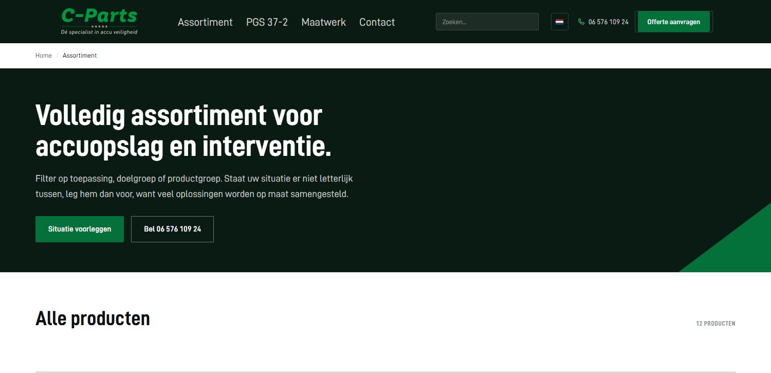 Assortimentspagina van de website van C-Parts